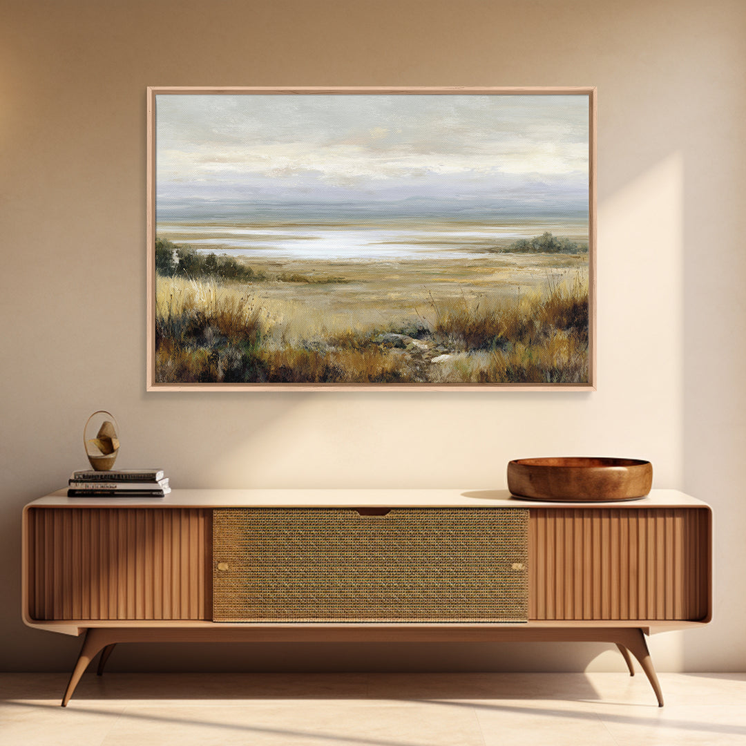 Modern Landscape with Expansive Calm Sky Framed Canvas Print, Living Room Art, Art Nouveau, Living Room Decor, Fine Art, Living, LIR-3x2-55