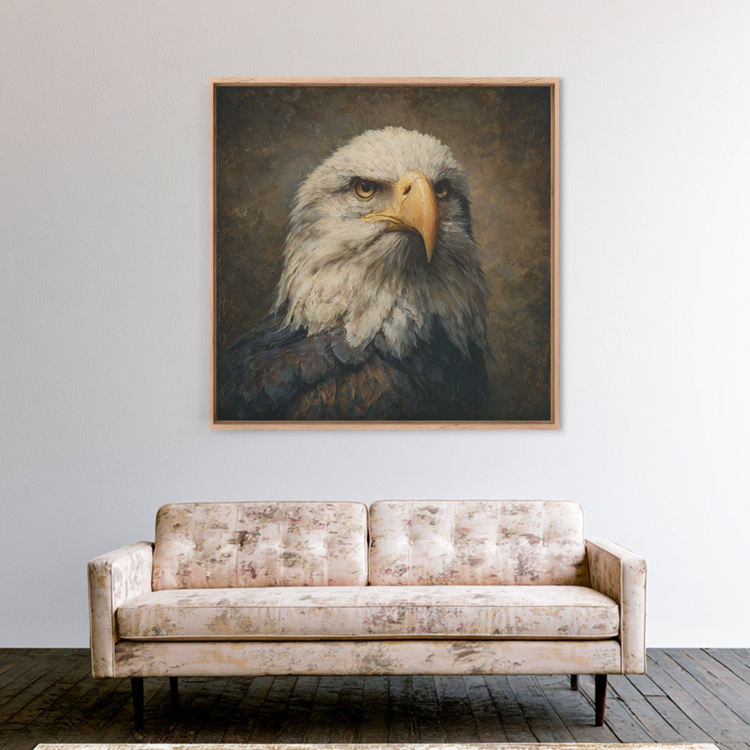 Eagle Portrait with Solemn Presence Framed Canvas Print, Law Office Art, Bookish Wall Art, Office Decor, Fine Art, Counsel, LOA-1x1-6