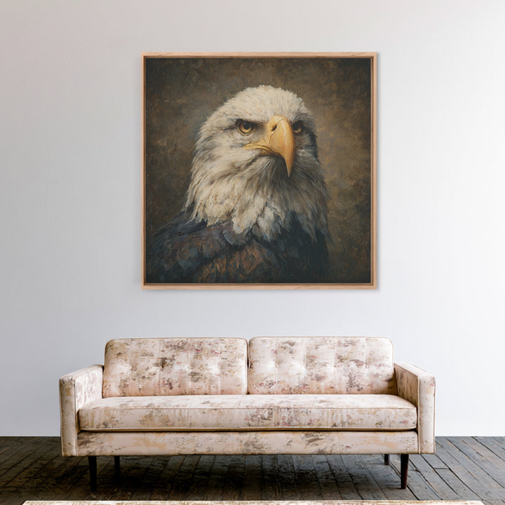 Eagle Portrait with Solemn Presence Framed Canvas Print, Law Office Art, Bookish Wall Art, Office Decor, Fine Art, Counsel, LOA-1x1-6