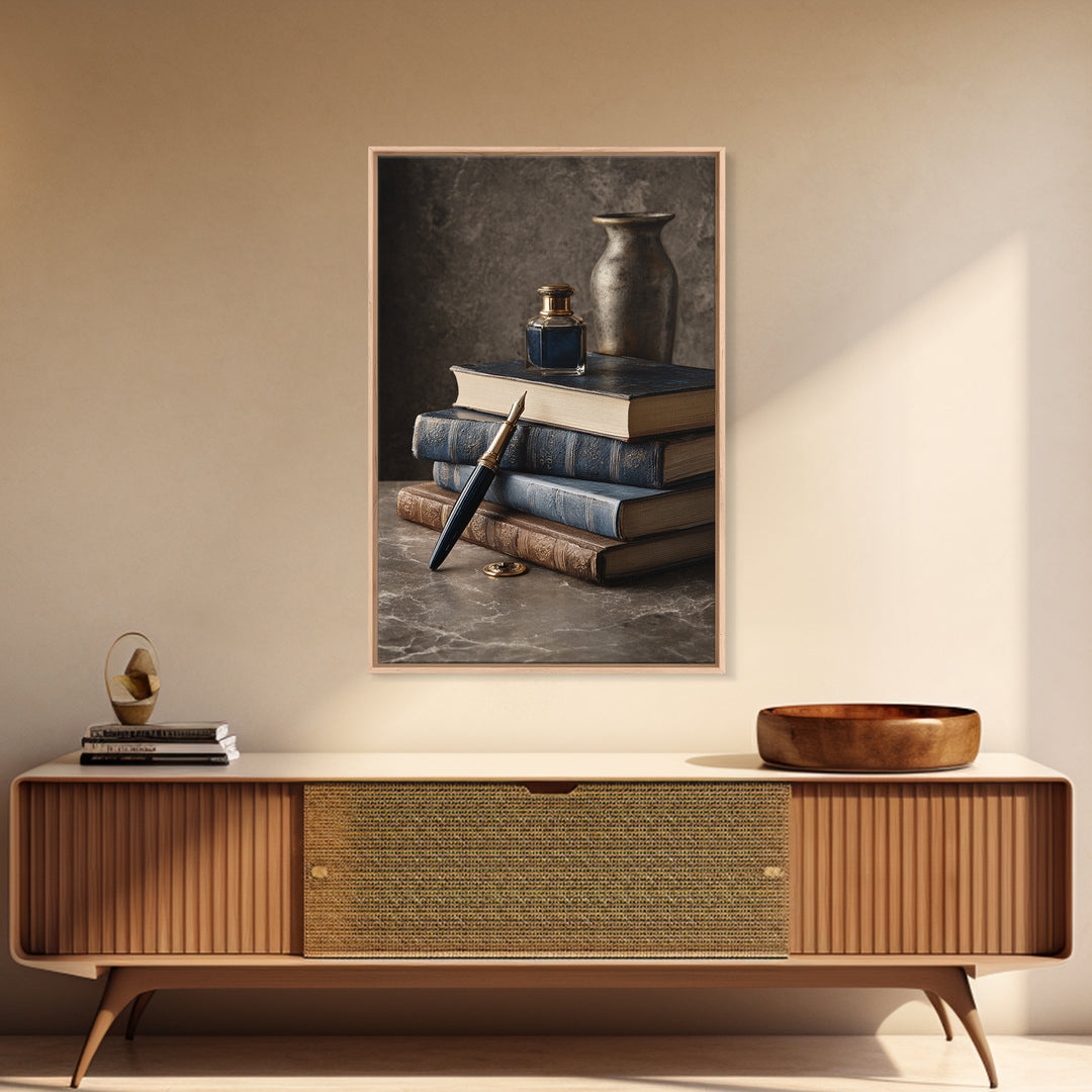 Dignified Law Books and Fountain Pen Still Framed Canvas Print, Law Office Art, Luxury Decor, Office Decor, Fine Art, Counsel, LOA-2x3-34