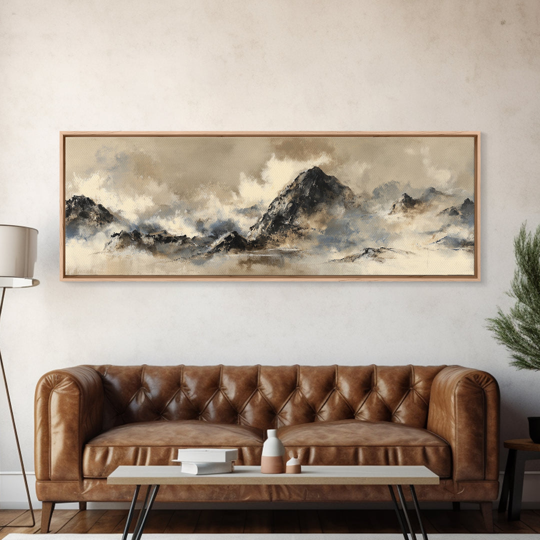 Ink Wash Mountain Symbolizing Stability Framed Canvas Print, Law Office Art, Fine Art Print, Office Decor, Oil Painting, LOA-3x1-60