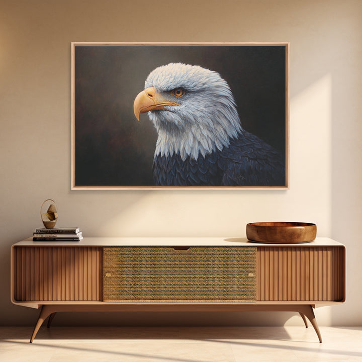 Eagle Portrait with Solemn Presence Framed Canvas Print, Law Office Art, Office Decor, Fine Art, Counsel, Therapy Office Decor, LOA-3x2-10