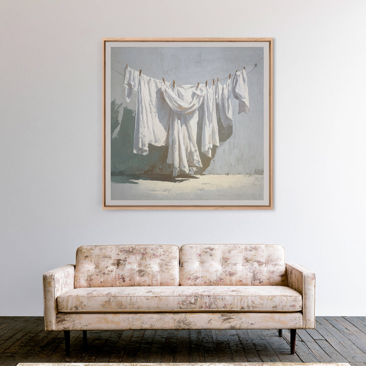 Clothesline with White Linens Blowing in Sunshine Canvas Print, Laundry Room Art, Rustic Home Decor, Living Room Decor, Clean, LRA-1x1-1