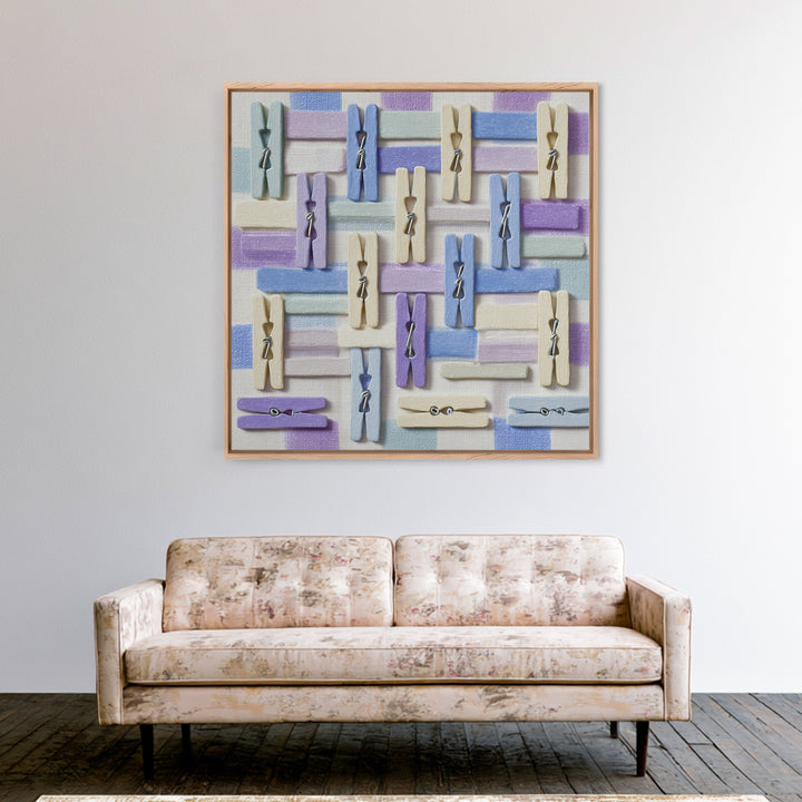 Cheerful Clothespins Arranged as Pattern Framed Canvas Print, Laundry Room Art, Funny Poster, Living Room Decor, Watercolor Art, LRA-1x1-100