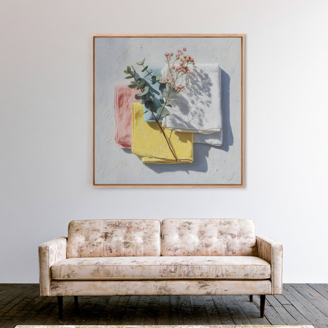 Sunlit White Towels and Eucalyptus Branch Canvas Print, Laundry Room Art, Farmhouse Decor, Living Room Decor, Clean, LRA-1x1-11