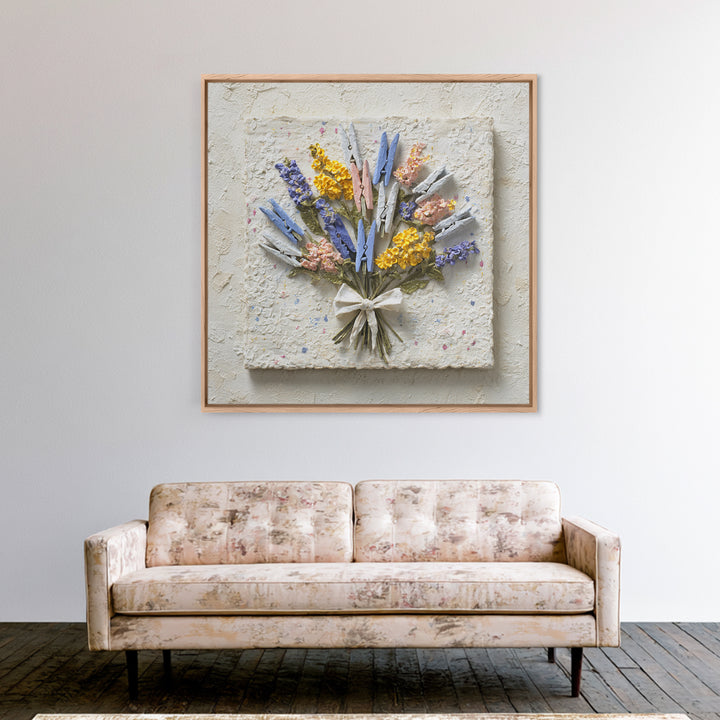 Clothespin Bouquet in Folk Art Style Canvas Print, Laundry Room Art, Oil Painting, Living Room Decor, Fine Art, Clean, LRA-1x1-20