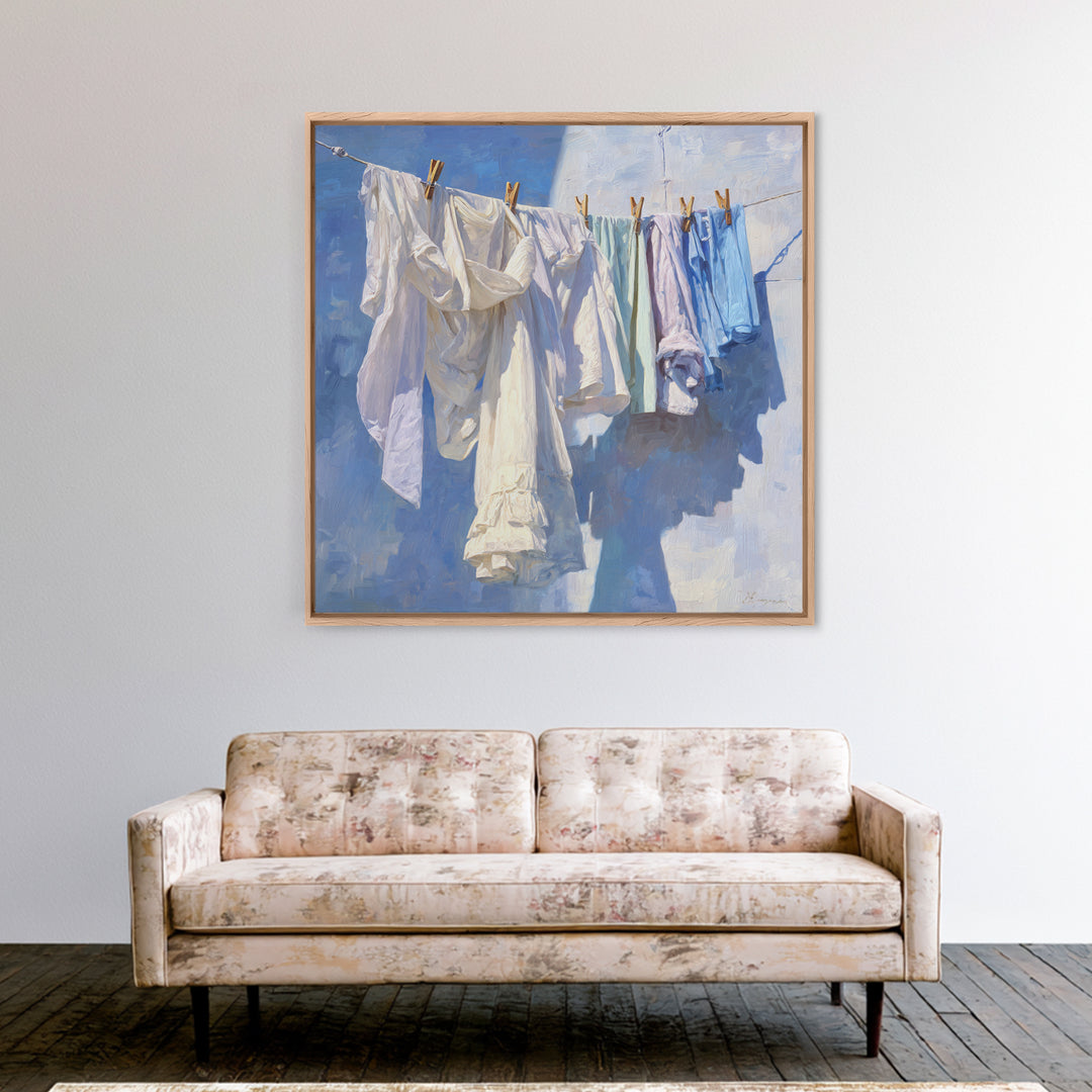 Clothesline with White Linens Blowing in Sunshine Canvas Print, Laundry Room Art, Modern Decor, Living Room Decor, Abstract Art, LRA-1x1-25
