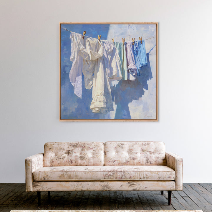 Clothesline with White Linens Blowing in Sunshine Canvas Print, Laundry Room Art, Modern Decor, Living Room Decor, Abstract Art, LRA-1x1-25