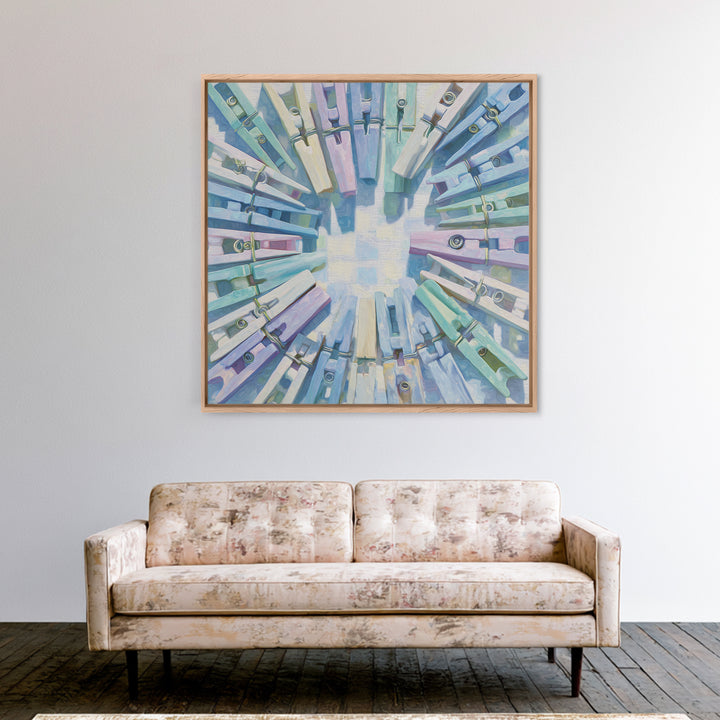 Cheerful Clothespins Arranged as Pattern Framed Canvas Print, Laundry Room Art, Artwork, Living Room Decor, Oil Painting, Clean, LRA-1x1-28
