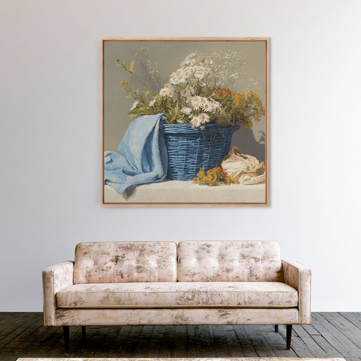 Blue Laundry Basket Framed Canvas Print, Laundry Room Art, Fine Art Print, Living Room Decor, Fine Art, Clean, Painting, LRA-1x1-29