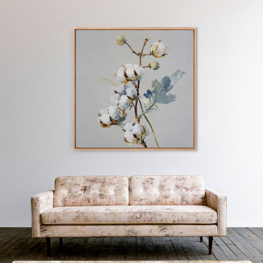 Fresh Cotton Branch Botanical Study Canvas Print, Laundry Room Art, Retro Wall Art, Living Room Decor, Watercolor Art, Clean, LRA-1x1-31