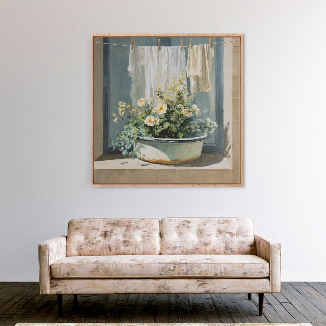 Old Enamel Basin Filled Framed Canvas Print, Laundry Room Art, Gallery Decor, Living Room Decor, Fine Art, Clean, LRA-1x1-32
