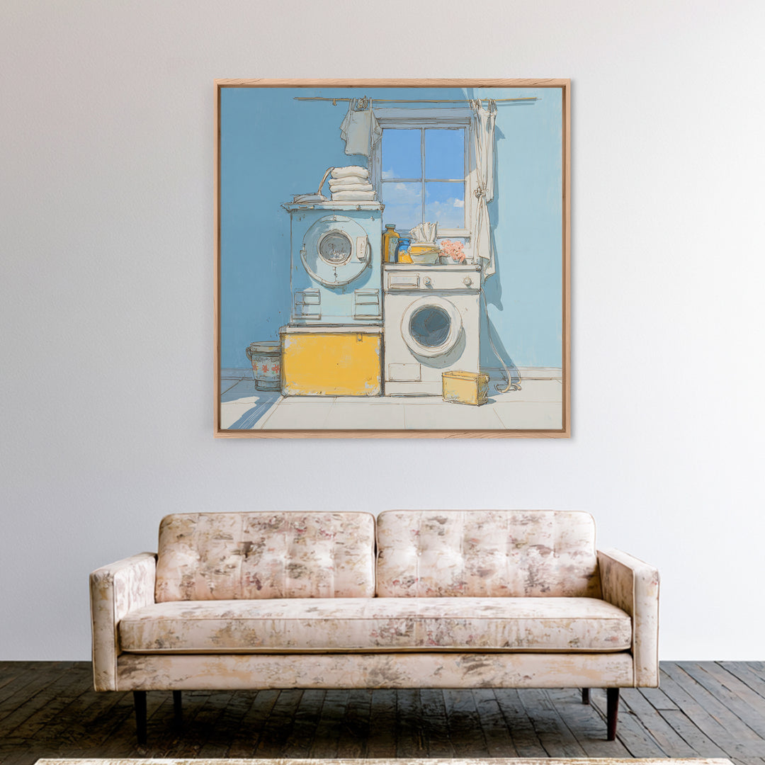Retro Iron Illustration Framed Canvas Print, Laundry Room Art, Statement Artwork, Living Room Decor, Abstract Art, Clean, LRA-1x1-33