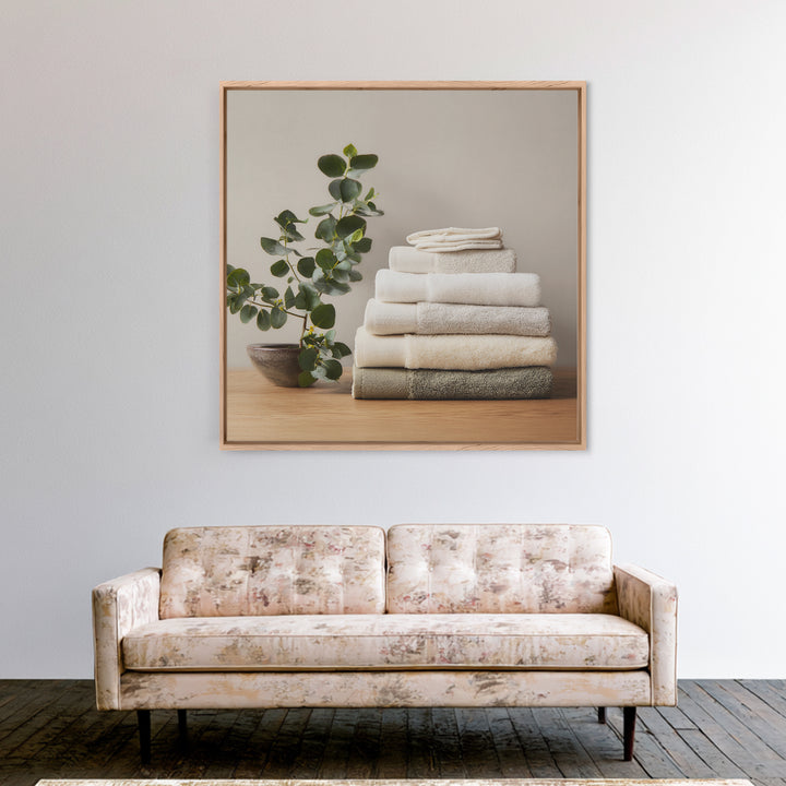 Sunlit White Towels and Eucalyptus Branch Canvas Print, Laundry Room Art, Farmhouse Wall Decor, Living Room Decor, LRA-1x1-35