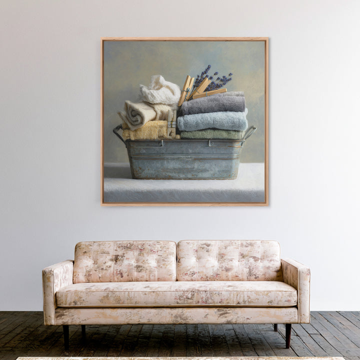 Basket of Folded Towels Framed Canvas Print, Laundry Room Art, Rustic Home Decor, Living Room Decor, Fine Art, Clean, LRA-1x1-38