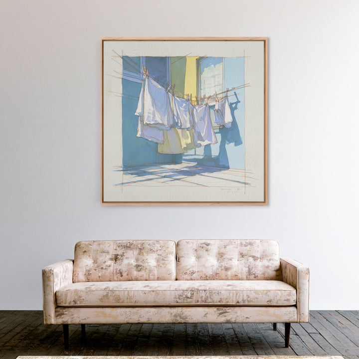Simple Line Drawing of Hanging Laundry Framed Canvas Print, Laundry Room Art, Art Print, Living Room Decor, Abstract Art, Clean, LRA-1x1-40