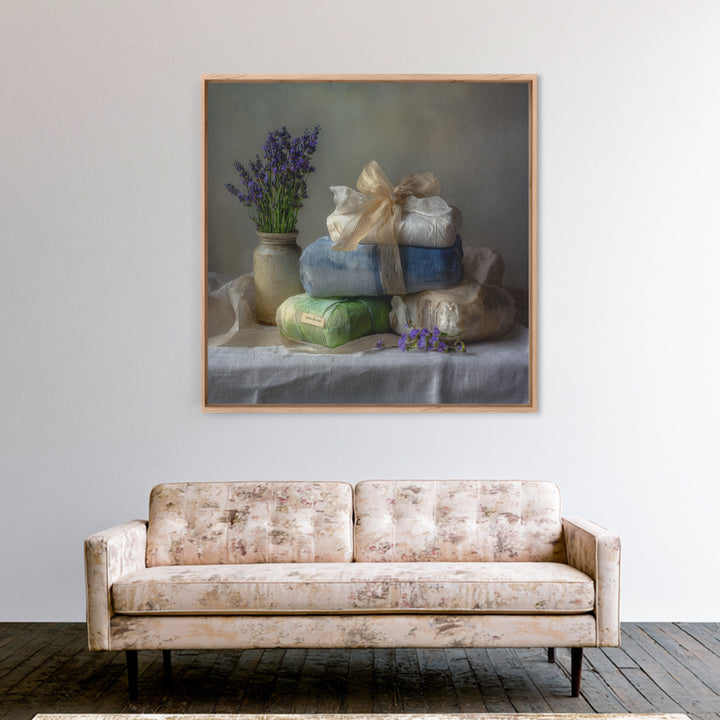Lavender Sachet and Ribbon Still Life Framed Canvas Print, Laundry Room Art, Gallery Decor, Living Room Decor, Fine Art, Clean, LRA-1x1-41