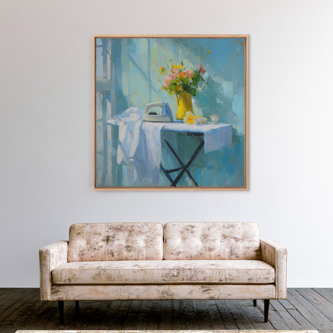 Ironing Board Still Life Framed Canvas Print, Laundry Room Art, Living Room Decor, Oil Painting, Clean, Wall Art Print, LRA-1x1-48