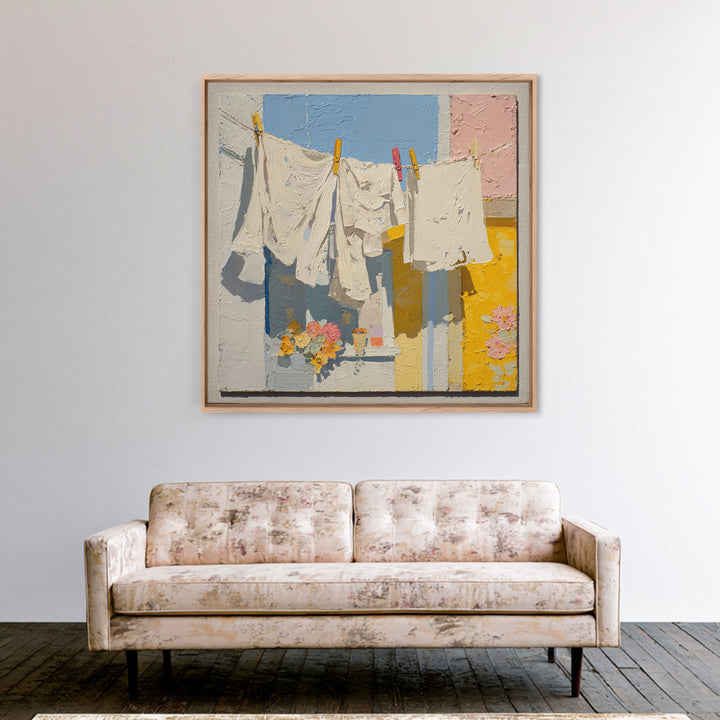 Clothesline with White Linens Blowing in Sunshine Canvas Print, Laundry Room Art, Modern Decor, Living Room Decor, Abstract Art, LRA-1x1-49