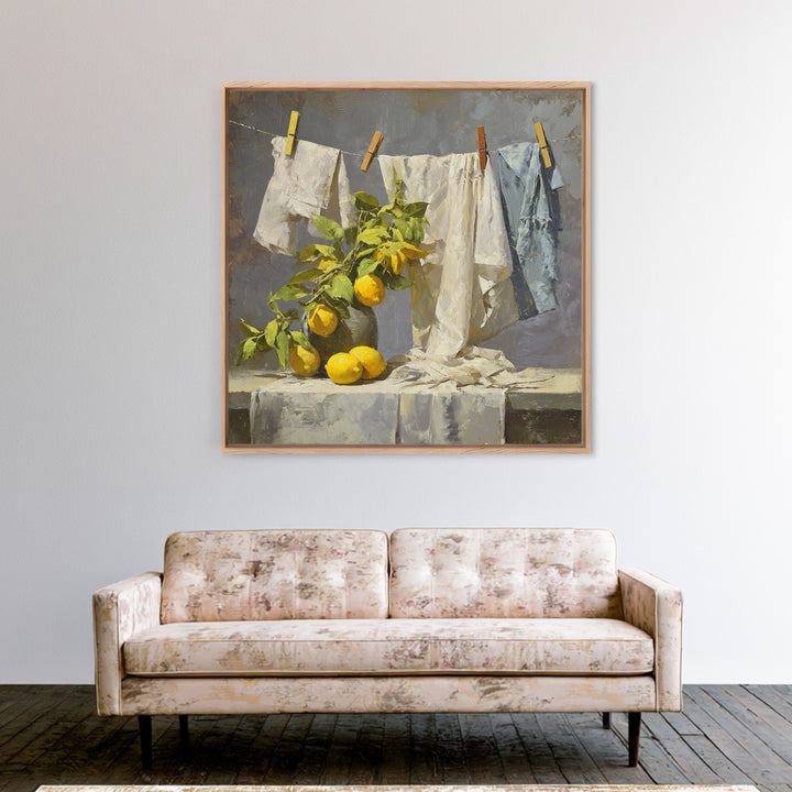 Lemon and Clean Linen Still Life Framed Canvas Print, Laundry Room Art, Rustic Home Decor, Living Room Decor, Abstract Art, LRA-1x1-51