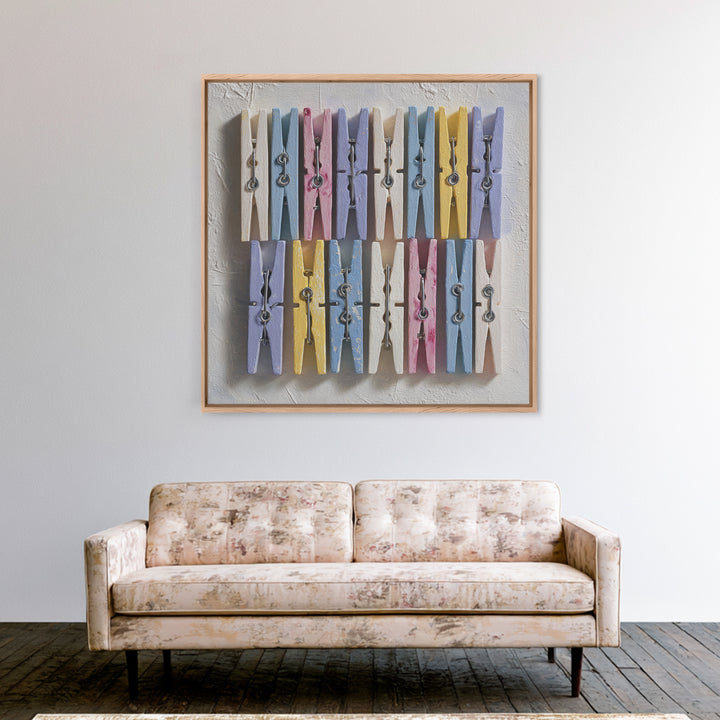 Cheerful Clothespins Arranged as Pattern Framed Canvas Print, Laundry Room Art, Laundry Room Decor, Living Room Decor, Clean, LRA-1x1-52