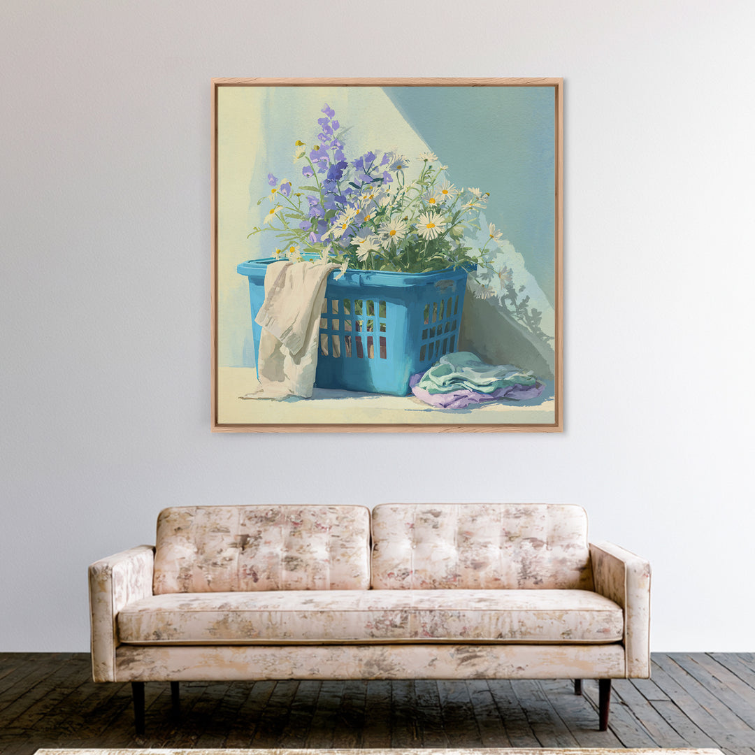 Blue Laundry Basket Framed Canvas Print, Laundry Room Art, Fine Art Print, Living Room Decor, Fine Art, Clean, Painting, LRA-1x1-53