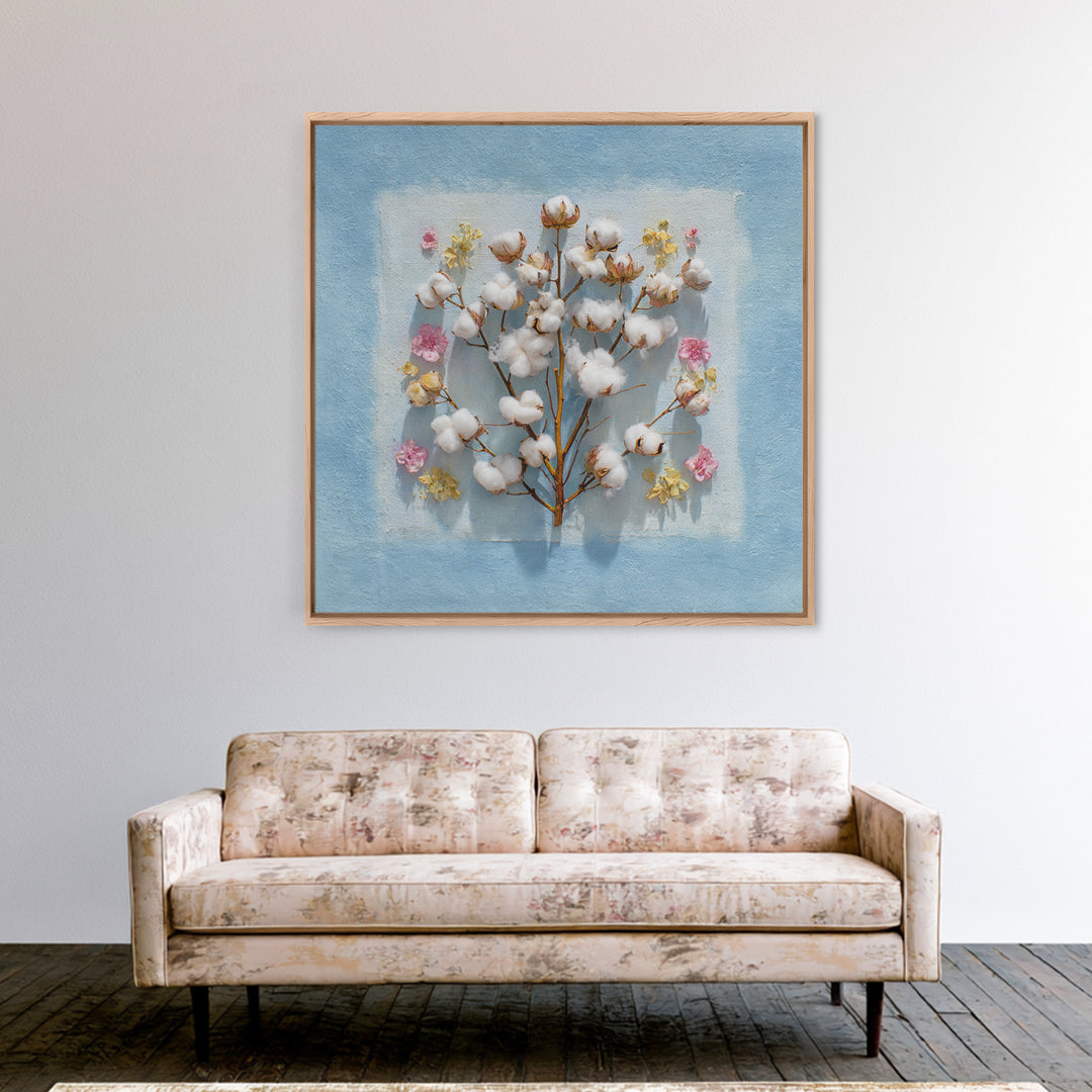 Fresh Cotton Branch Botanical Study Canvas Print, Laundry Room Art, Apartment Wall Art, Living Room Decor, Fine Art, Clean, LRA-1x1-55