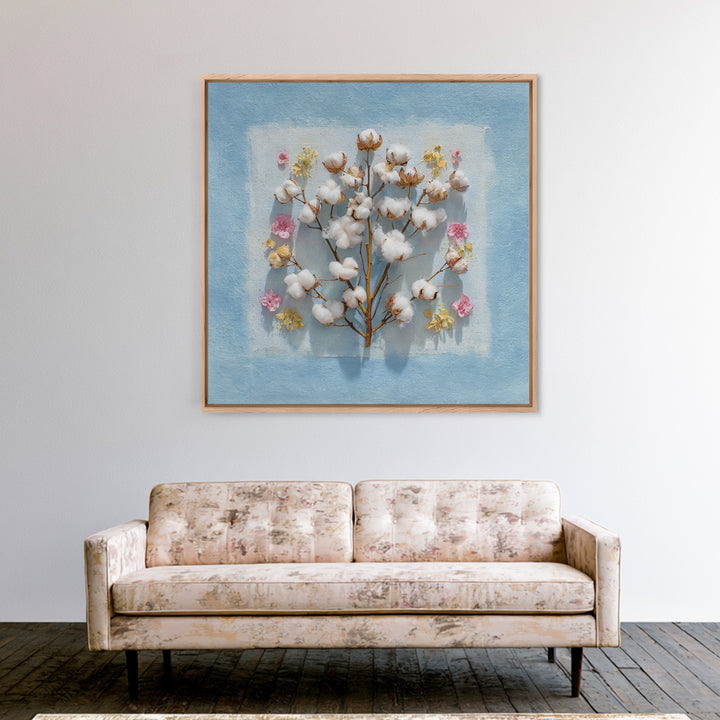 Fresh Cotton Branch Botanical Study Canvas Print, Laundry Room Art, Apartment Wall Art, Living Room Decor, Fine Art, Clean, LRA-1x1-55