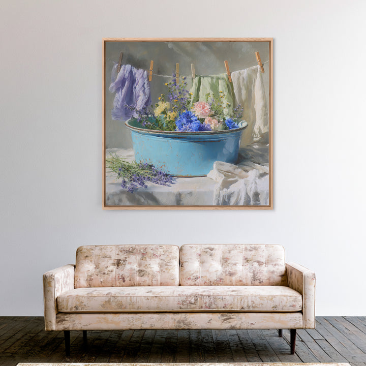 Old Enamel Basin Filled Framed Canvas Print, Laundry Room Art, Printable Art, Living Room Decor, Fine Art, Clean, Whimsical Art, LRA-1x1-56
