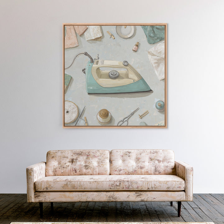 Retro Iron Illustration Framed Canvas Print, Laundry Room Art, Statement Artwork, Living Room Decor, Abstract Art, Clean, LRA-1x1-57