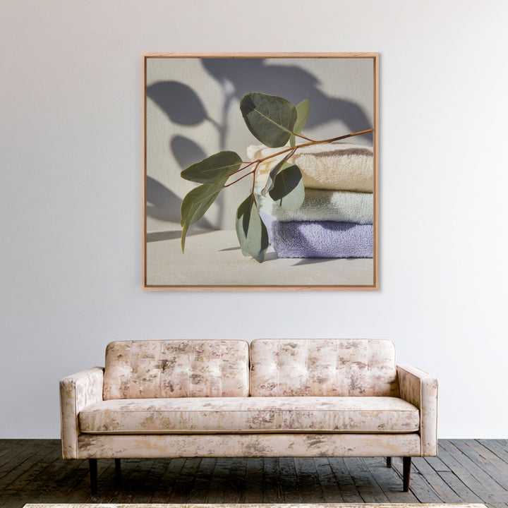 Sunlit White Towels and Eucalyptus Branch Canvas Print, Laundry Room Art, Digital Art Print, Living Room Decor, Fine Art, Clean, LRA-1x1-59