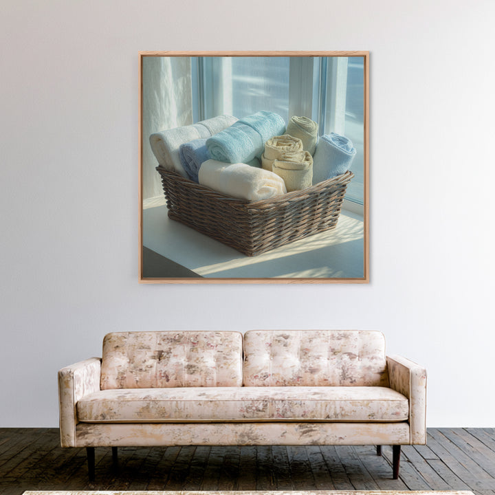 Basket of Folded Towels Framed Canvas Print, Laundry Room Art, Rustic Home Decor, Living Room Decor, Fine Art, Clean, LRA-1x1-62