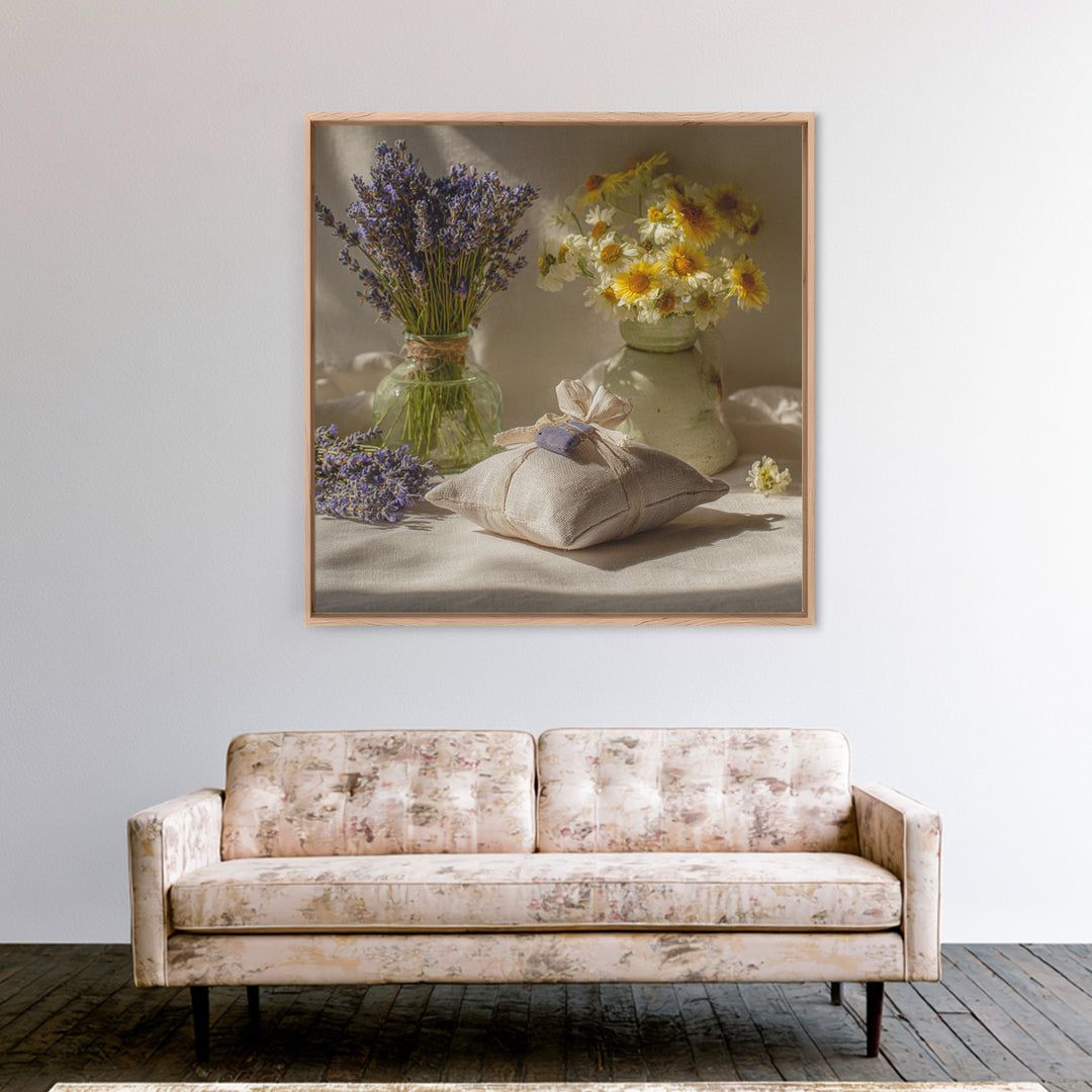Lavender Sachet and Ribbon Still Life Framed Canvas Print, Laundry Room Art, Gallery Decor, Living Room Decor, Fine Art, Clean, LRA-1x1-65