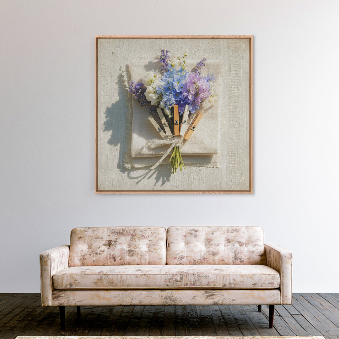 Clothespin Bouquet in Folk Art Style Framed Canvas Print, Laundry Room Art, Whimsical Art, Living Room Decor, Fine Art, Clean, LRA-1x1-68