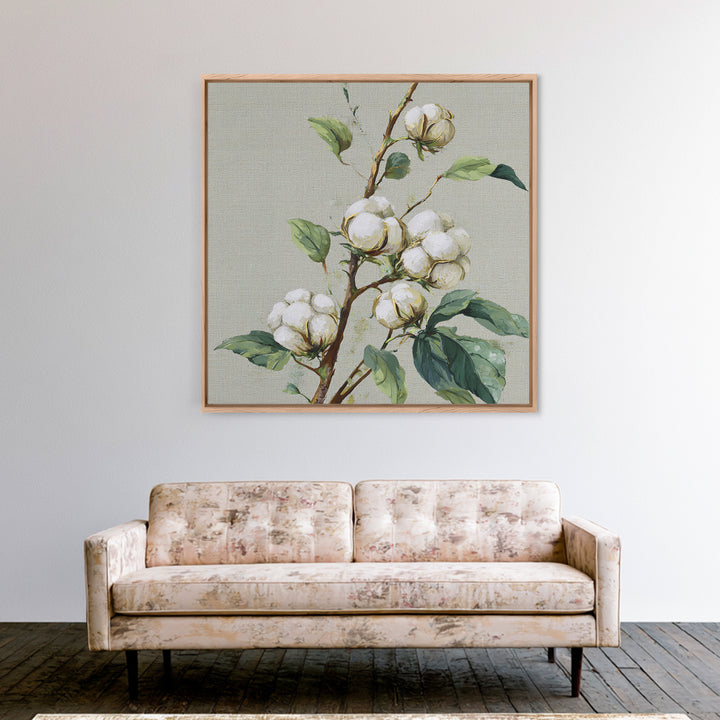 Fresh Cotton Branch Botanical Study Framed Canvas Print, Laundry Room Art, Fine Art Print, Living Room Decor, Fine Art, Clean, LRA-1x1-79