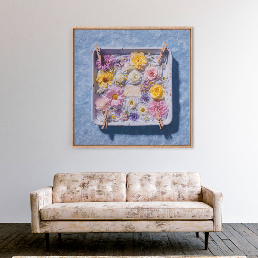 Old Enamel Basin Filled Framed Canvas Print, Laundry Room Art, Digital Print, Living Room Decor, Oil Painting, Clean, LRA-1x1-8