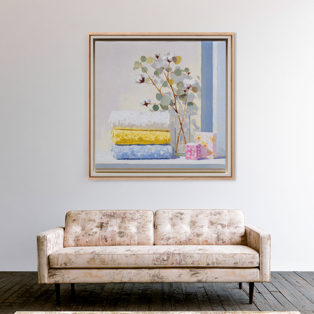 Sunlit White Towels and Eucalyptus Branch Canvas Print, Laundry Room Art, Statement Artwork, Living Room Decor, Clean, LRA-1x1-83
