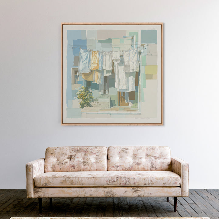 Simple Line Drawing of Hanging Laundry Framed Canvas Print, Laundry Room Art, Textured Painting, Living Room Decor, Clean, LRA-1x1-88