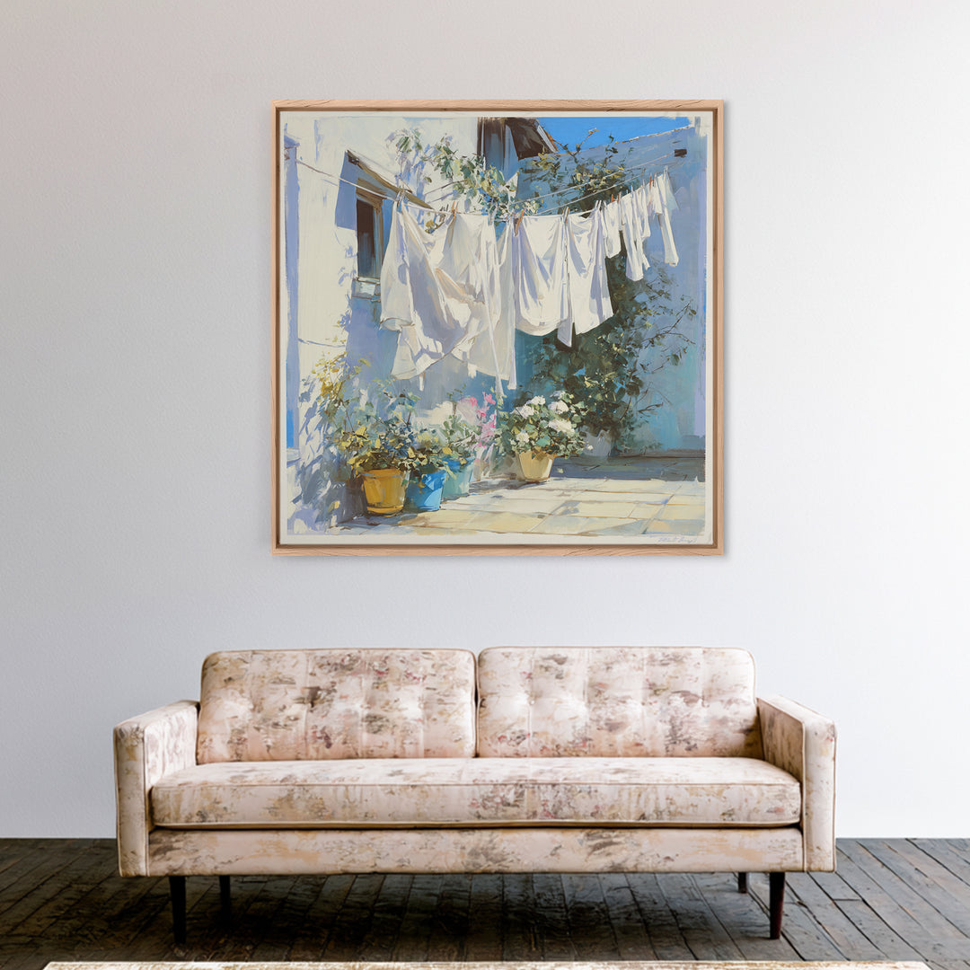 Clothesline with White Linens Blowing in Sunshine Canvas Print, Laundry Room Art, Home Decor, Living Room Decor, Clean, LRA-1x1-97