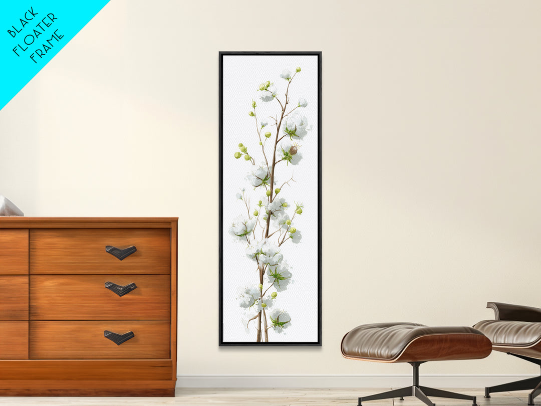 Fresh Cotton Branch Botanical Study Framed Canvas Print, Laundry Room Art, Painting, Living Room Decor, Oil Painting, Clean, LRA-1x3-19