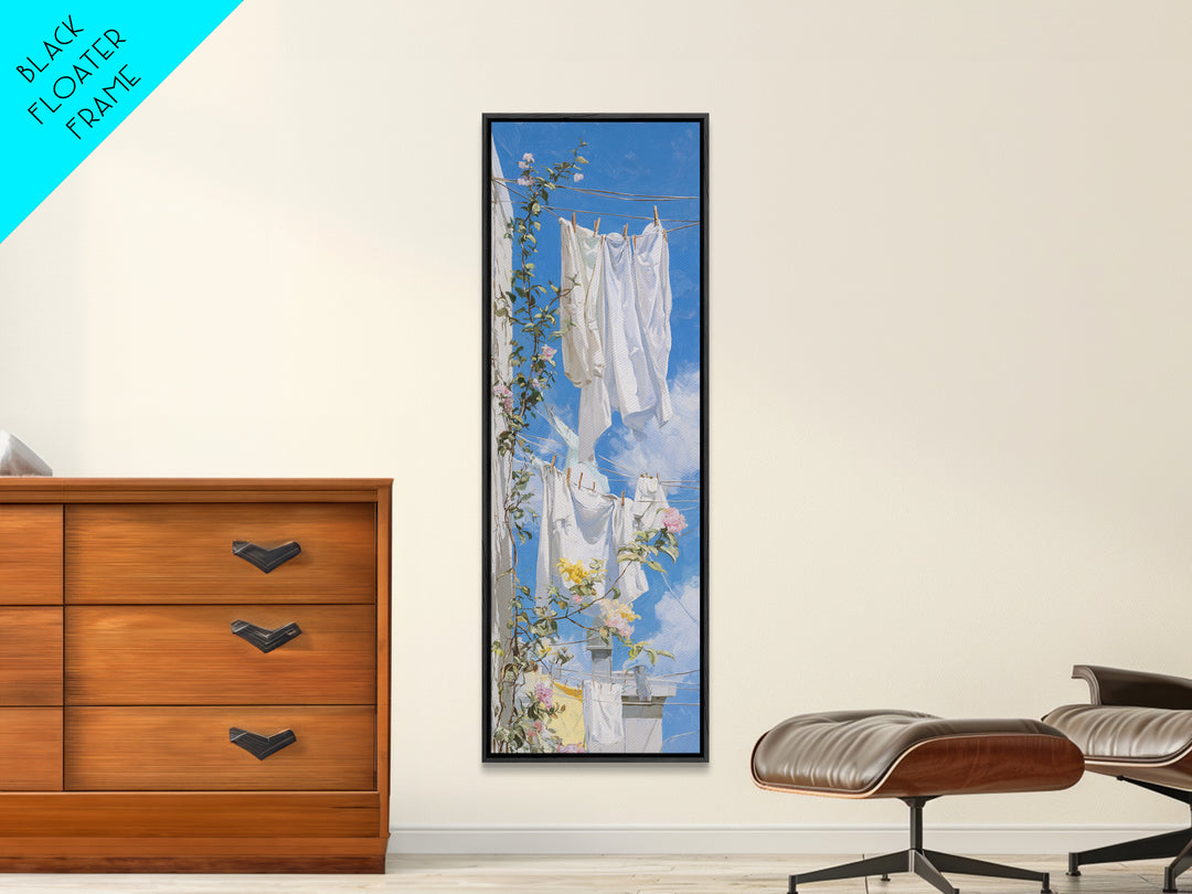 Clothesline with White Linens Blowing in Sunshine Canvas Print, Laundry Room Art, Statement Artwork, Living Room Decor, Clean, LRA-1x3-37
