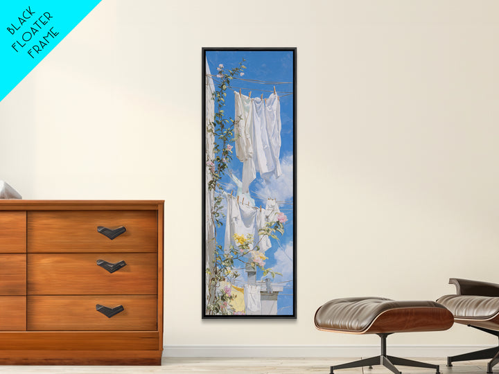 Clothesline with White Linens Blowing in Sunshine Canvas Print, Laundry Room Art, Statement Artwork, Living Room Decor, Clean, LRA-1x3-37