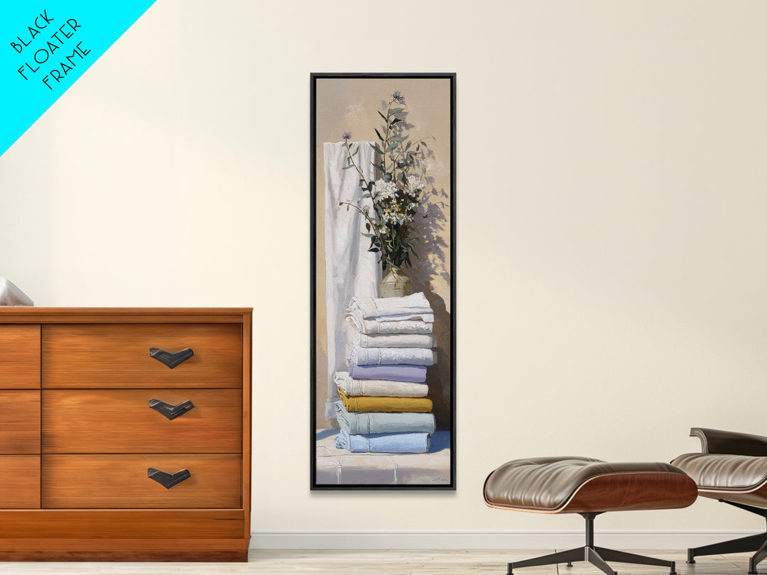 Sunlit White Towels and Eucalyptus Branch Framed Canvas Print, Laundry Room Art, New Home Gift, Living Room Decor, LRA-1x3-47