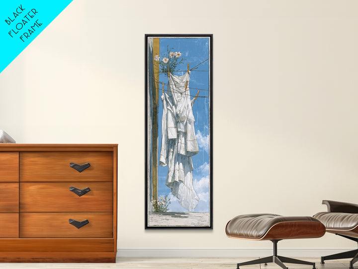 Simple Line Drawing of Hanging Laundry Framed Canvas Print, Laundry Room Art, Living Room Decor, Abstract Art, Clean, LRA-1x3-52
