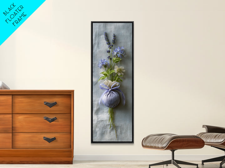 Lavender Sachet and Ribbon Still Life Framed Canvas Print, Laundry Room Art, Modern Decor, Living Room Decor, Fine Art, Clean, LRA-1x3-53