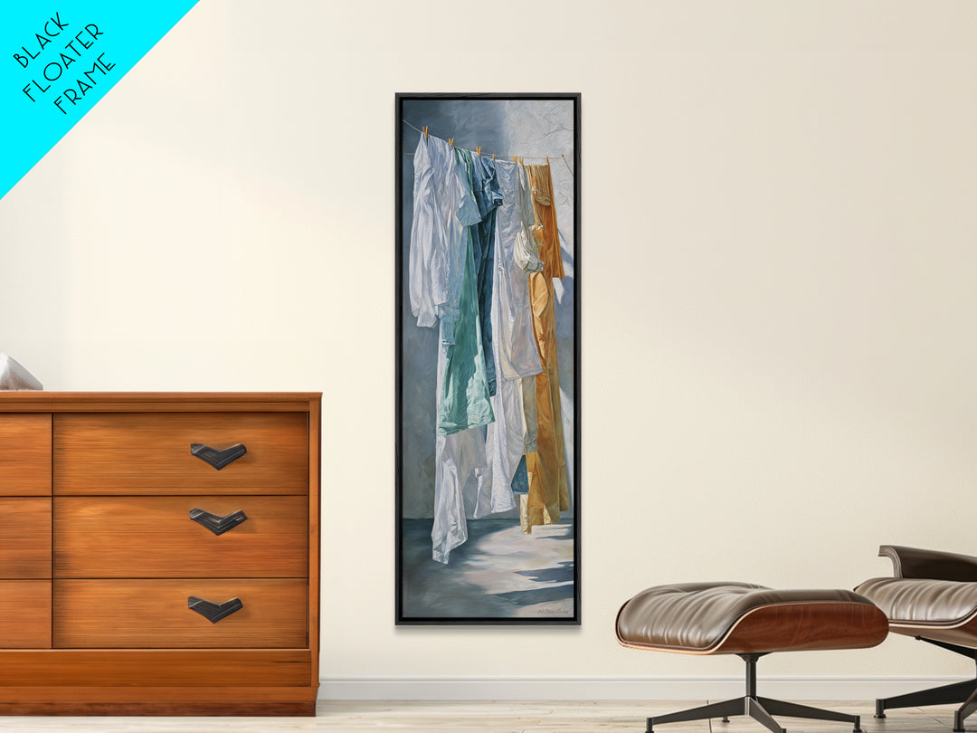 Clothesline with White Linens Blowing in Sunshine Canvas Print, Laundry Room Art, Textured Painting, Living Room Decor, Clean, LRA-1x3-61