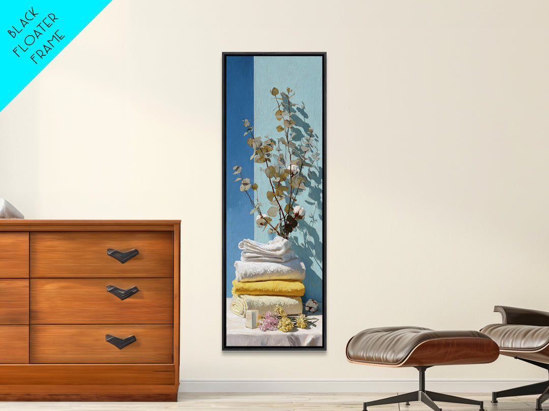 Sunlit White Towels and Eucalyptus Branch Framed Canvas Print, Laundry Room Art, Custom Wall Art, Living Room Decor, Clean, LRA-1x3-71
