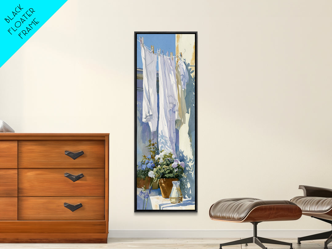 Clothesline with White Linens Blowing in Sunshine Canvas Print, Laundry Room Art, Living Room Decor, Abstract Art, Clean, LRA-1x3-85