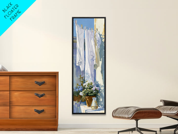 Clothesline with White Linens Blowing in Sunshine Canvas Print, Laundry Room Art, Living Room Decor, Abstract Art, Clean, LRA-1x3-85