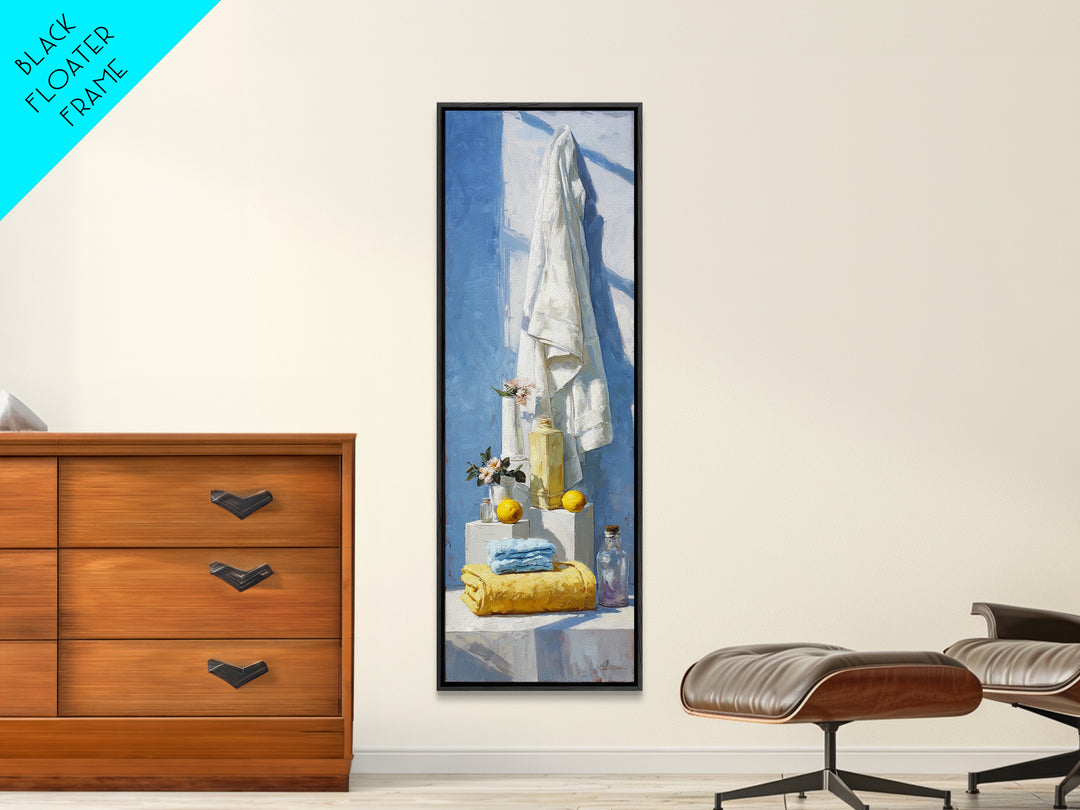 Lemon and Clean Linen Still Life Framed Canvas Print, Laundry Room Art, Living Room Decor, Abstract Art, Clean, LRA-1x3-87